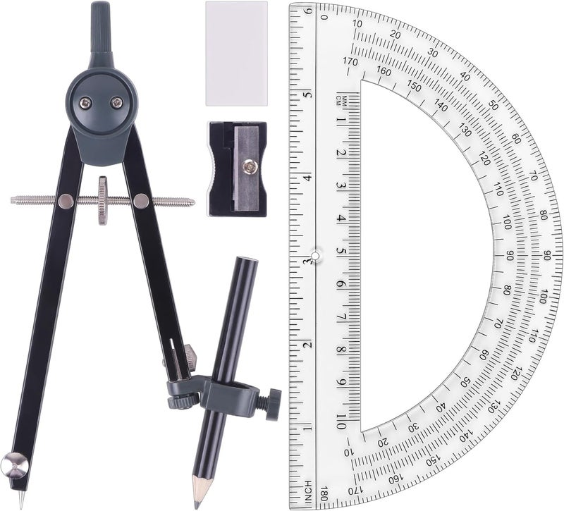 Unjoo Professional Compass for Geometry Set, Metal Compass with Wheel and Lock for Geometry, Drawing Compass Tool, Circle Drafting Tool, and 6 Inch Math Protractors 180 Degree (Black) - Image 1